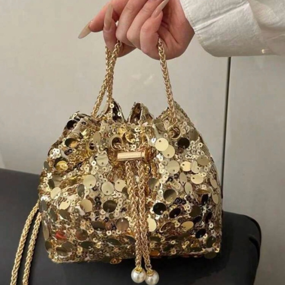 Shiny Gold Sequin Beaded Bucket Shoulder Bag